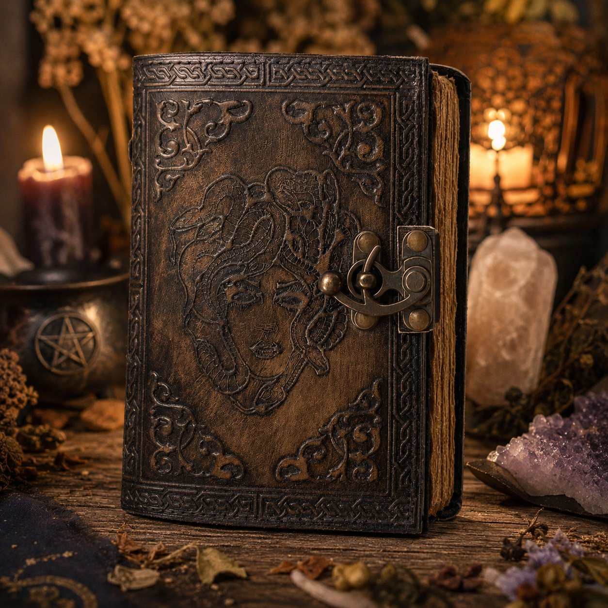 Soul of Snake Medusa Goddess Leather Journal – Handmade Witch Grimoire Book of Shadows – leather journal, close-up cover detail