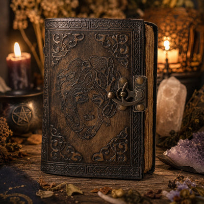 Soul of Snake Medusa Goddess Leather Journal – Handmade Witch Grimoire Book of Shadows – leather journal, close-up cover detail