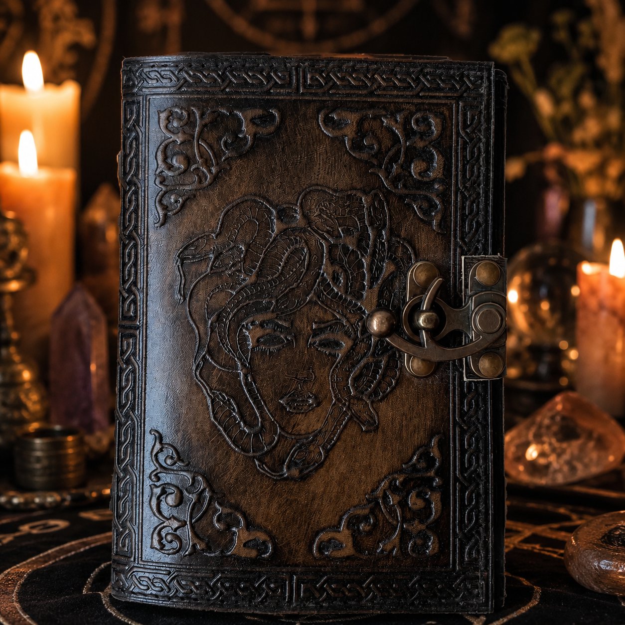Soul of Snake Medusa Goddess Leather Journal – Handmade Witch Grimoire Book of Shadows – leather journal, size and scale view