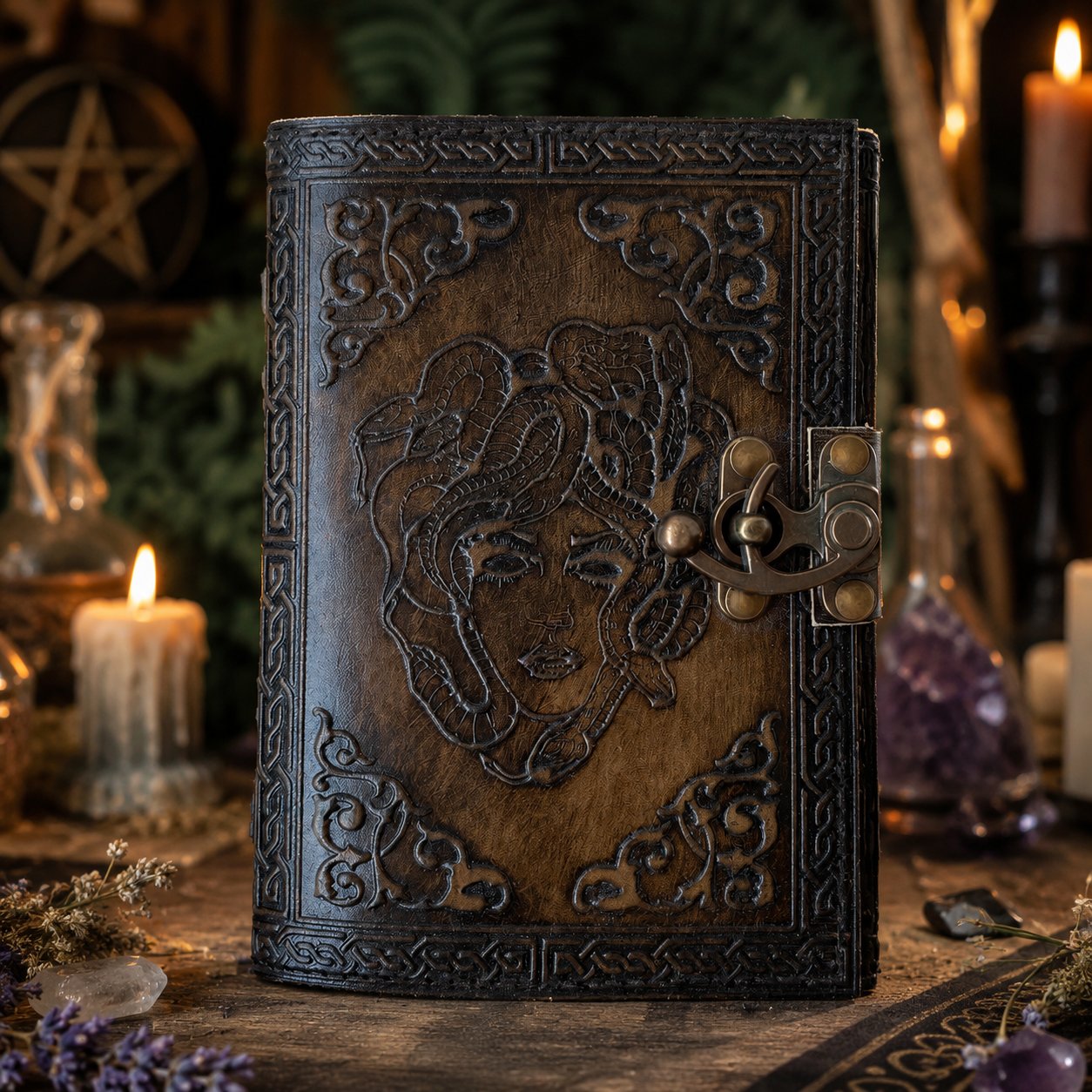 Soul of Snake Medusa Goddess Leather Journal – Handmade Witch Grimoire Book of Shadows – leather journal, front cover view