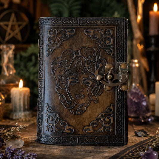 Soul of Snake Medusa Goddess Leather Journal – Handmade Witch Grimoire Book of Shadows – leather journal, front cover view