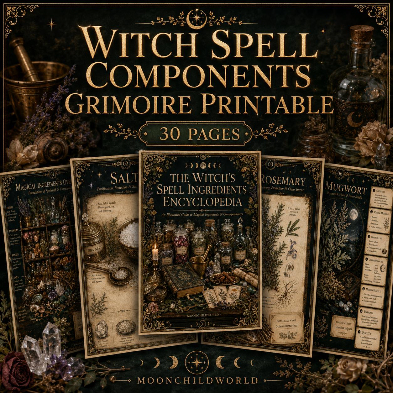 Printable grimoire pages with vintage botanical illustrations, gold ornate borders, and dark aesthetic witchcraft themes.