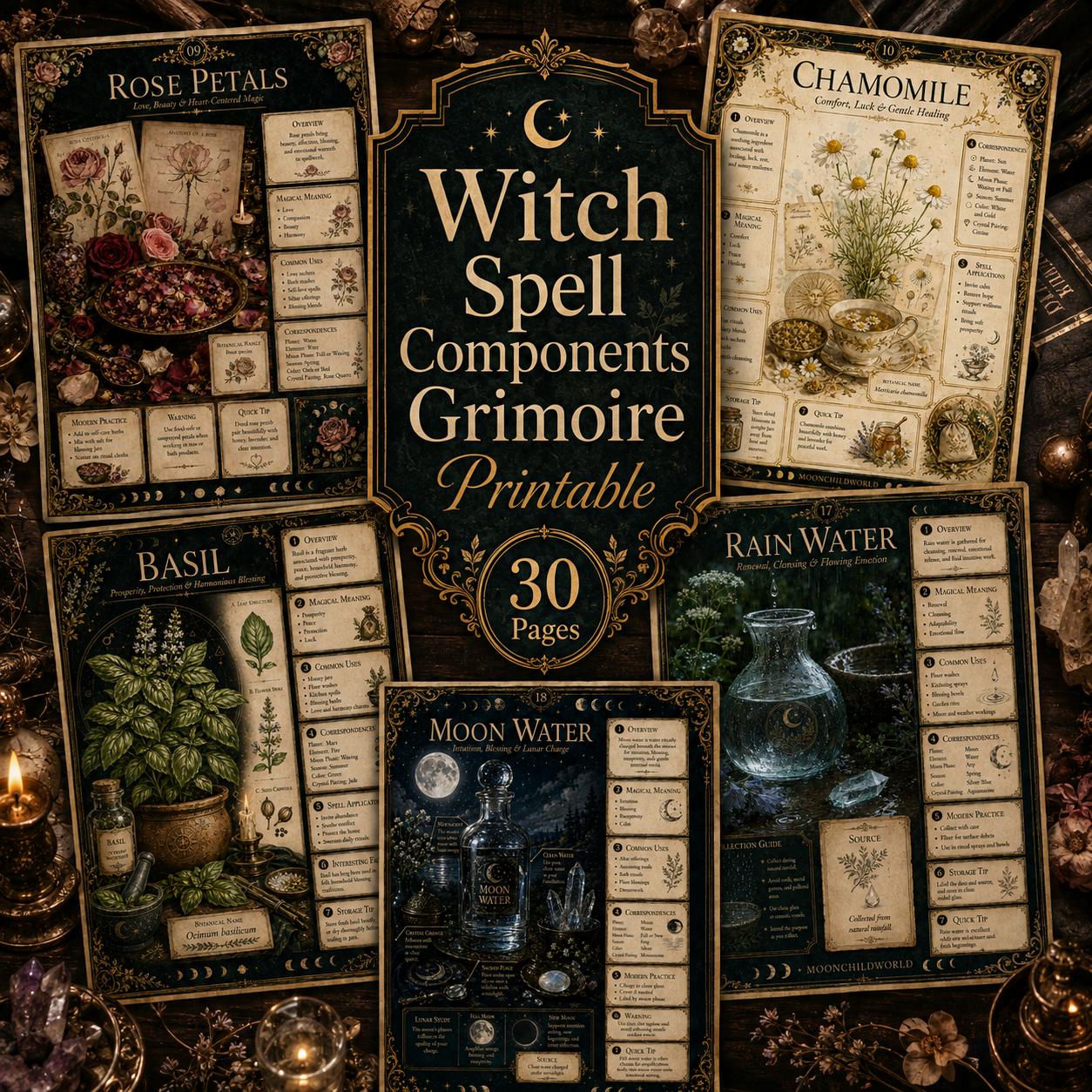 Printable grimoire pages featuring vintage botanical illustrations, gold accents, and dark aesthetic witchcraft correspondence.