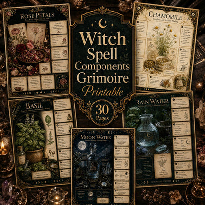 Printable grimoire pages featuring vintage botanical illustrations, gold accents, and dark aesthetic witchcraft correspondence.