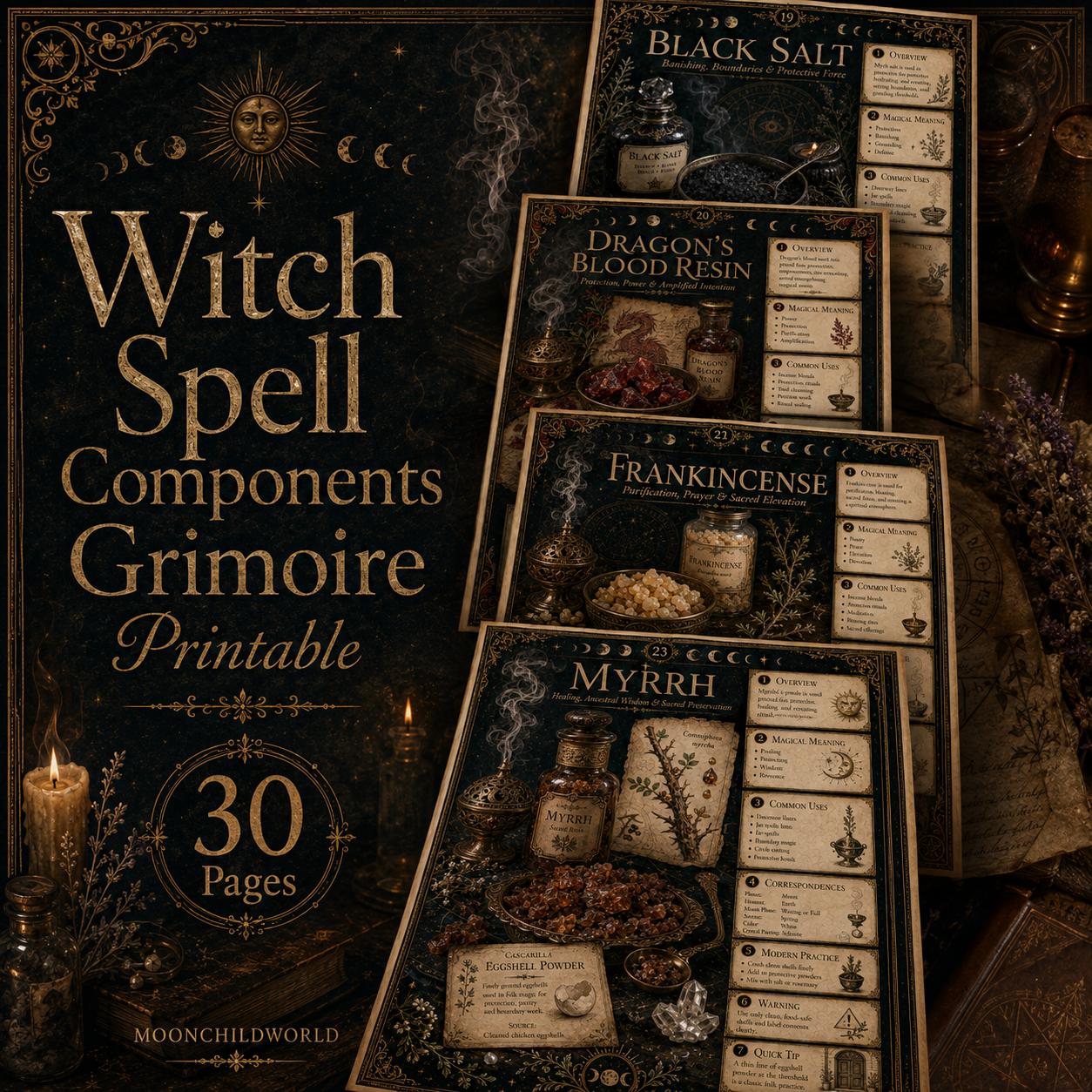 Printable grimoire pages with gold text, mystical illustrations, and dark aesthetic layouts for witchcraft spell ingredients.