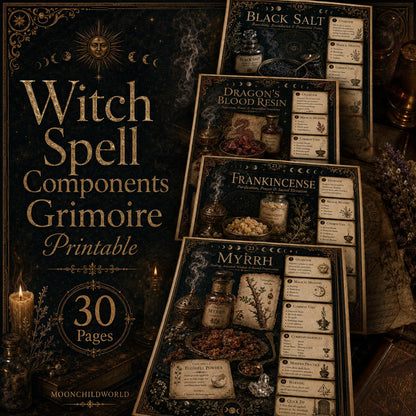 Printable grimoire pages with gold text, mystical illustrations, and dark aesthetic layouts for witchcraft spell ingredients.