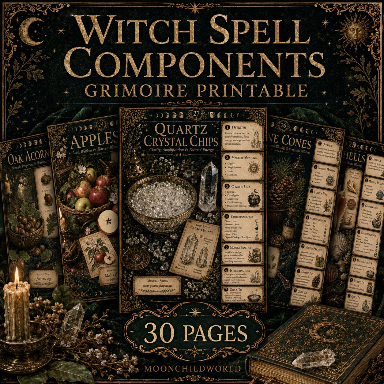 Printable grimoire pages featuring vintage botanical illustrations, gold ornate borders, and detailed witchcraft correspondences.