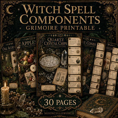 Printable grimoire pages featuring vintage botanical illustrations, gold ornate borders, and detailed witchcraft correspondences.