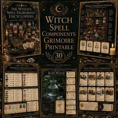Printable grimoire pages with gold celestial borders, vintage botanical illustrations, and dark aesthetic witchcraft charts.