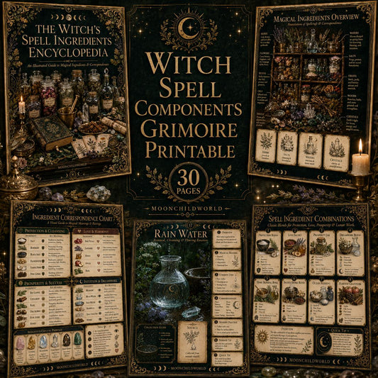 Printable grimoire pages with gold celestial borders, vintage botanical illustrations, and dark aesthetic witchcraft charts.