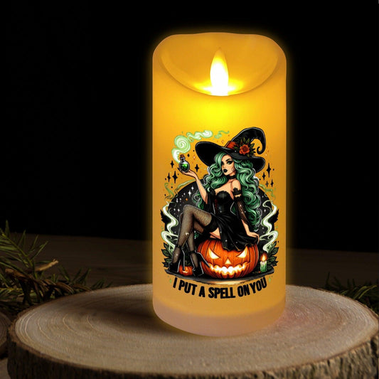 Spell Witch & Pumpkin Gothic Halloween Flameless LED Candle-MoonChildWorld