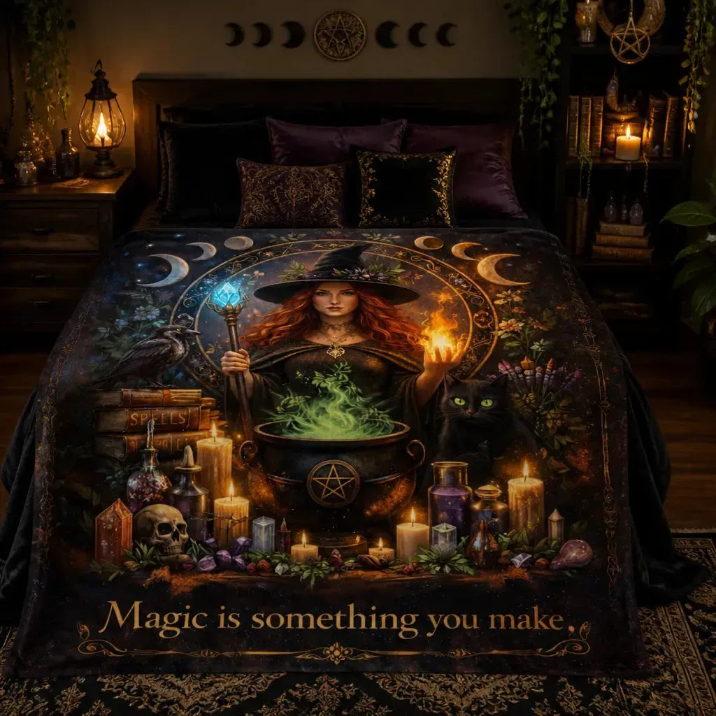 Spellbinding Witch Blanket with Moon Phase, Black Cat, Halloween Cauldron for Wiccan_mockup_1.webp