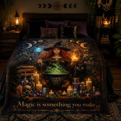 Spellbinding Witch Blanket with Moon Phase, Black Cat, Halloween Cauldron for Wiccan_mockup_1.webp