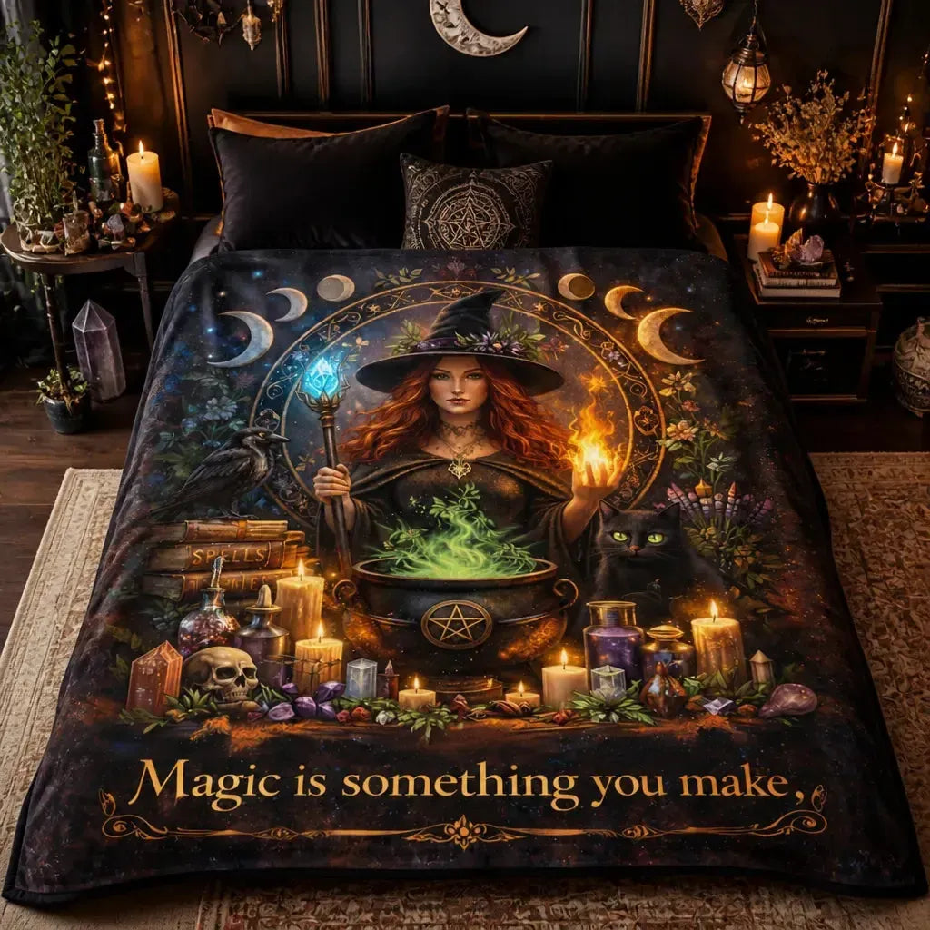 Spellbinding Witch Blanket with Moon Phase, Black Cat, Halloween Cauldron for Wiccan_mockup_2.webp