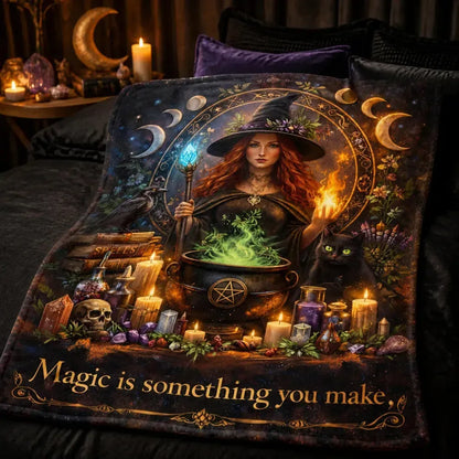 Spellbinding Witch Blanket with Moon Phase, Black Cat, Halloween Cauldron for Wiccan_mockup_3.webp