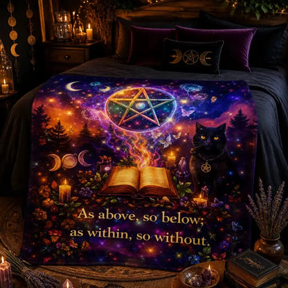 Spellbinding Witchy Blanket with Wicca Pentacle, Black Cat, Pagan Triple Moon_mockup_1.webp