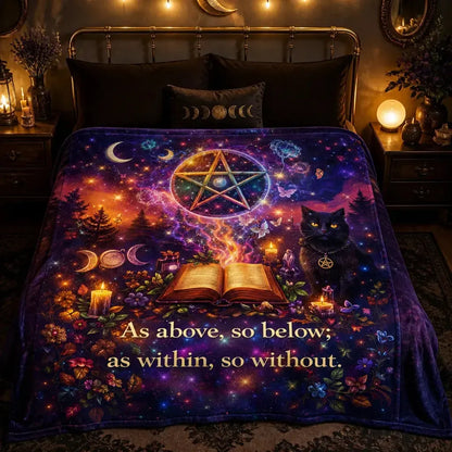 Spellbinding Witchy Blanket with Wicca Pentacle, Black Cat, Pagan Triple Moon_mockup_2.webp