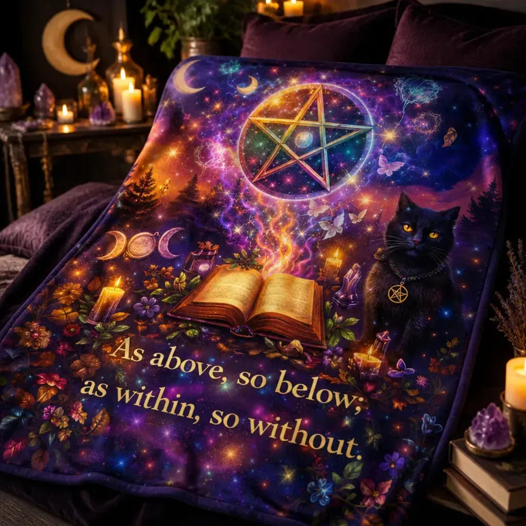 Spellbinding Witchy Blanket with Wicca Pentacle, Black Cat, Pagan Triple Moon_mockup_3.webp