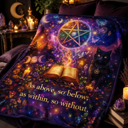 Spellbinding Witchy Blanket with Wicca Pentacle, Black Cat, Pagan Triple Moon_mockup_3.webp