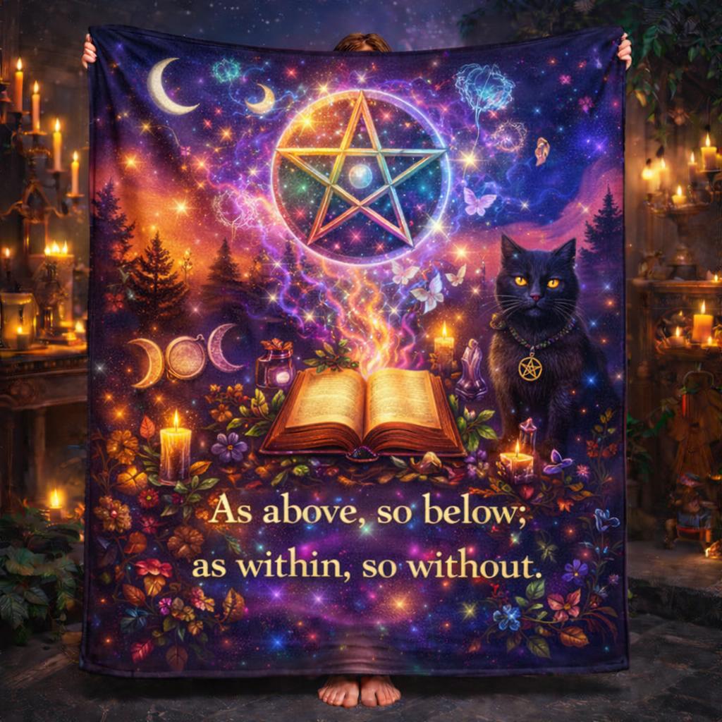 Spellbinding Witchy Blanket with Wicca Pentacle, Black Cat, Pagan Triple Moon-MoonChildWorld