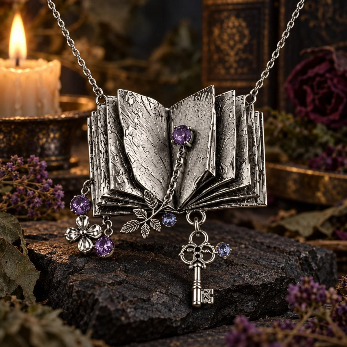 Spellbook & Key Pendant Necklace - Witchy Dark Academia Jewelry, dark witchy scene, view 7