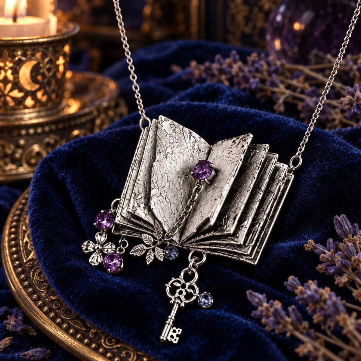 Spellbook & Key Pendant Necklace - Witchy Dark Academia Jewelry, dark witchy scene, view 5