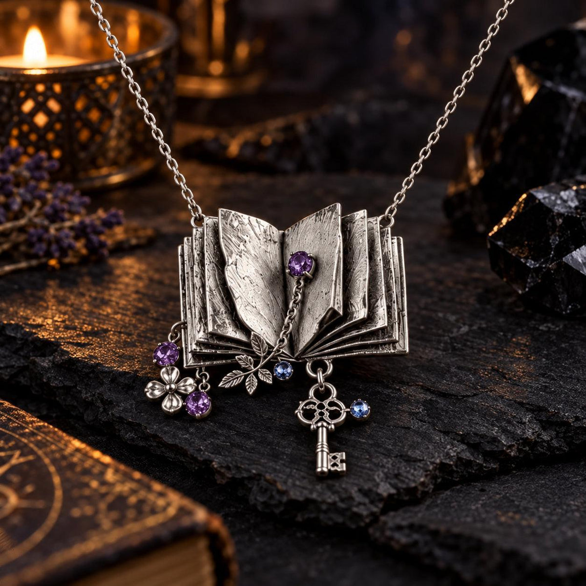 Spellbook & Key Pendant Necklace - Witchy Dark Academia Jewelry, dark witchy scene, view 4