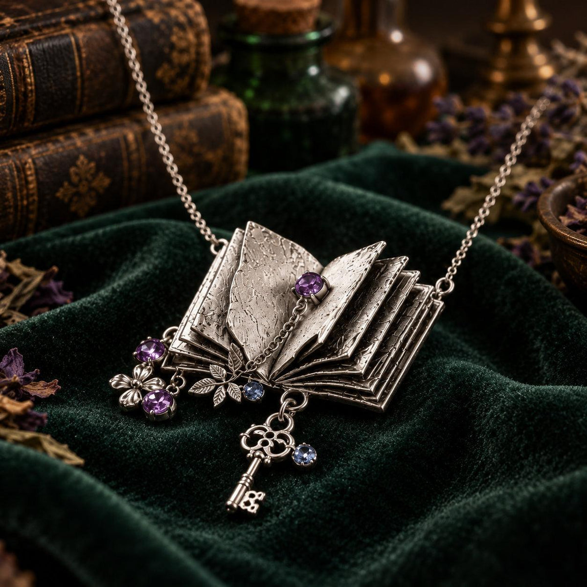 Spellbook & Key Pendant Necklace - Witchy Dark Academia Jewelry, dark witchy scene, view 3