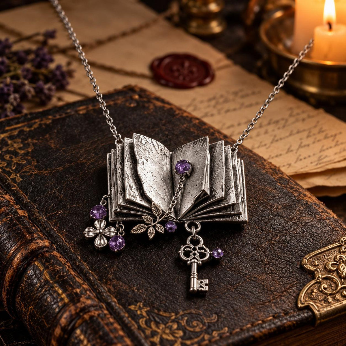 Spellbook & Key Pendant Necklace - Witchy Dark Academia Jewelry, dark witchy scene, view 8