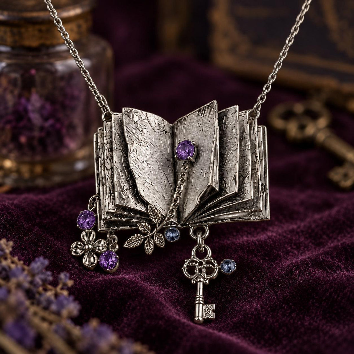 Spellbook & Key Pendant Necklace - Witchy Dark Academia Jewelry, dark witchy scene, view 9