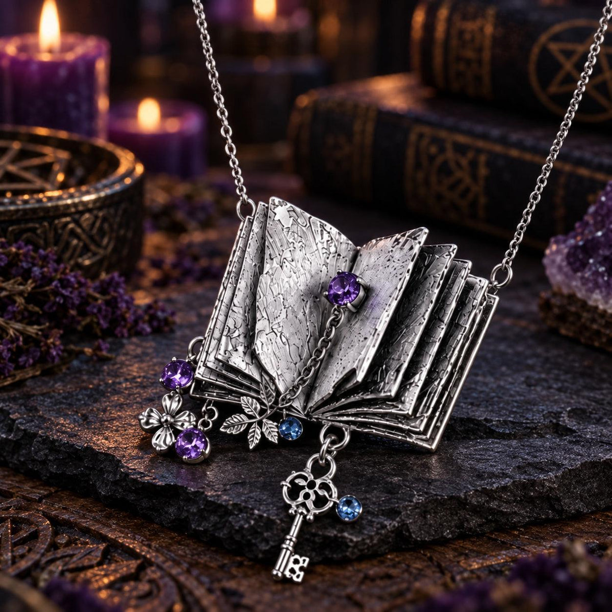 Spellbook & Key Pendant Necklace - Witchy Dark Academia Jewelry, dark witchy scene, view 1