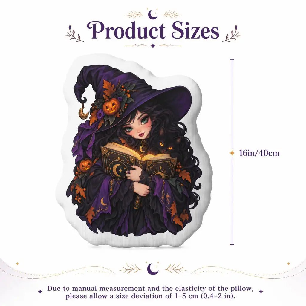 Size guide showing 16 inch / 40 cm: decorative plush pillow featuring witch with spellbook artwork