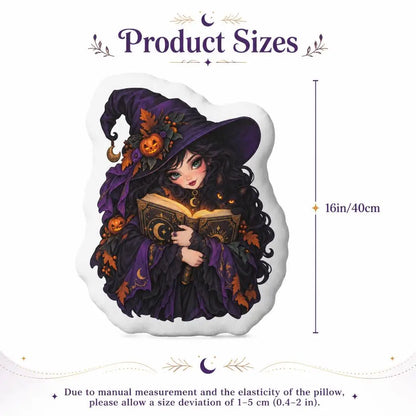 Size guide showing 16 inch / 40 cm: decorative plush pillow featuring witch with spellbook artwork