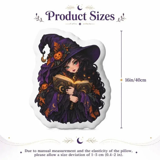 Size guide showing 16 inch / 40 cm: decorative plush pillow featuring witch with spellbook artwork