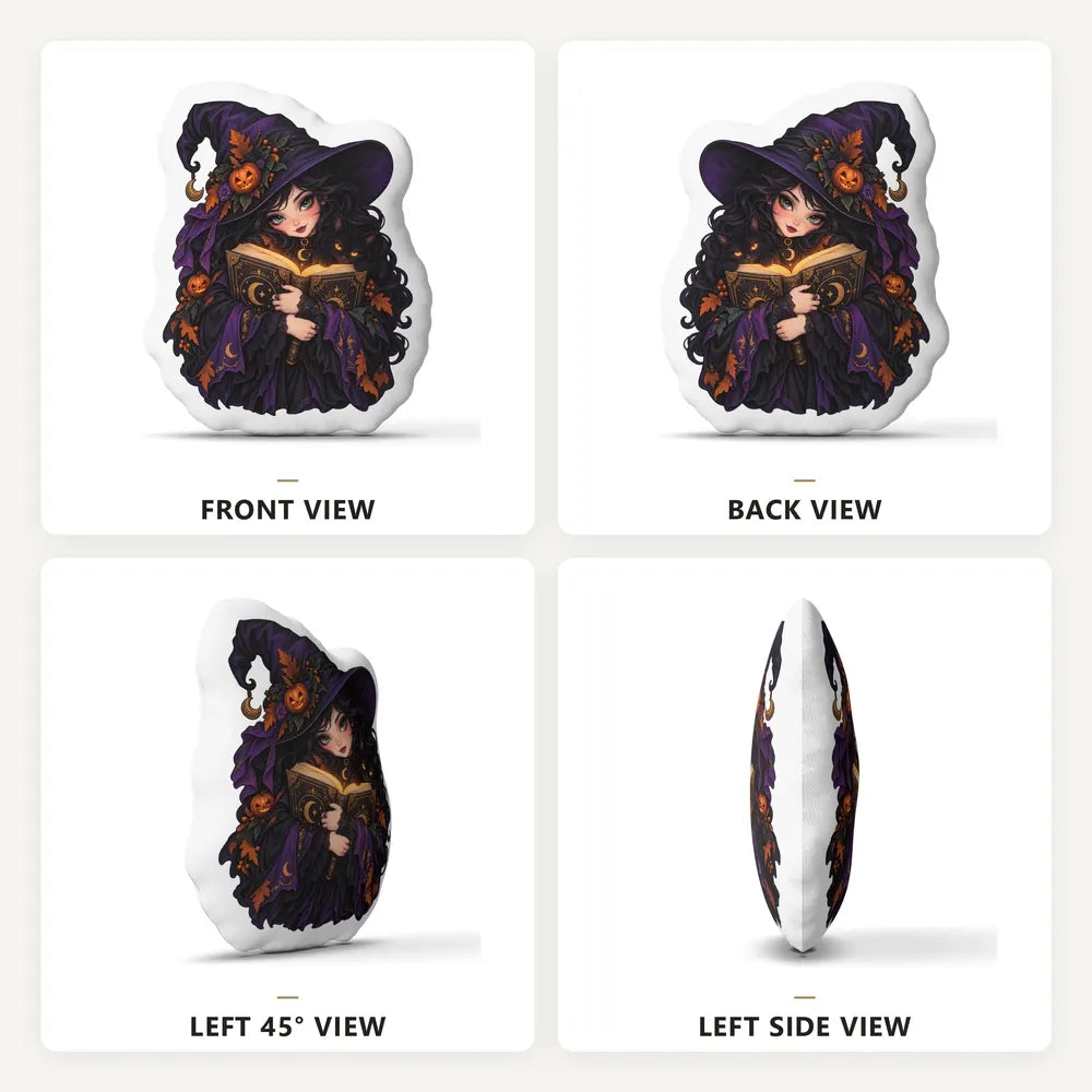 Front, back and side views: decorative plush pillow featuring witch with spellbook artwork