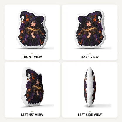 Front, back and side views: decorative plush pillow featuring witch with spellbook artwork