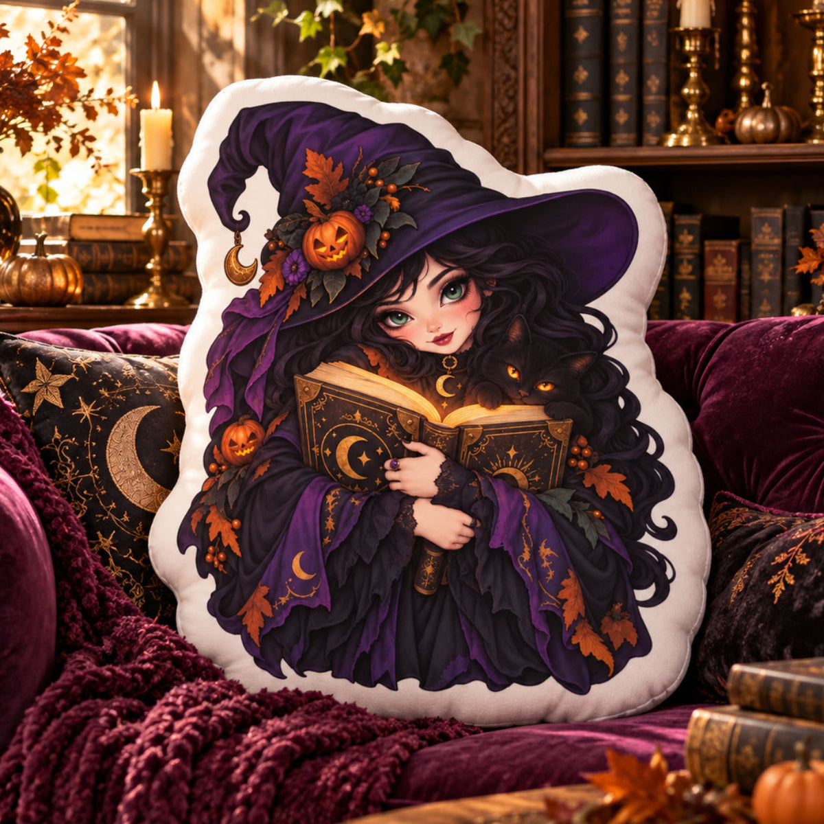 Spellbook Witch Shaped Plush Pillow in a witchy room