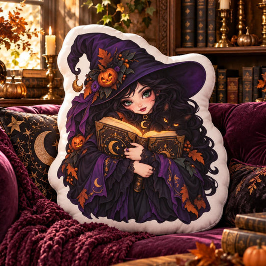 Spellbook Witch Shaped Plush Pillow in a witchy room