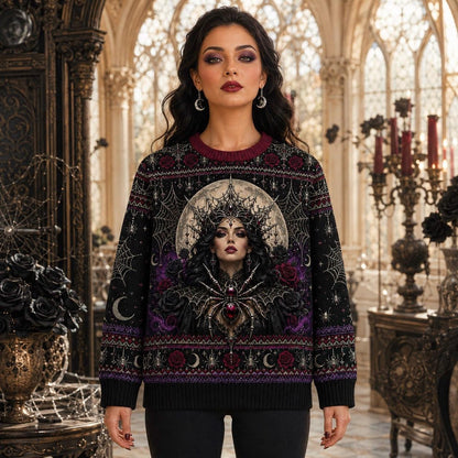 Spider Queen Sweater Web Mandala Crown Gothic Knit Jumper worn, front view