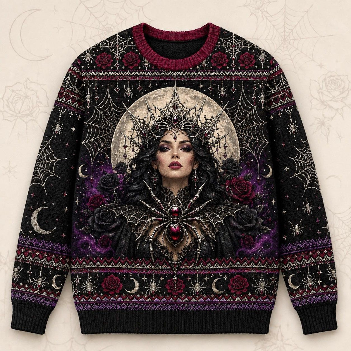 Spider Queen Sweater Web Mandala Crown Gothic Knit Jumper front view