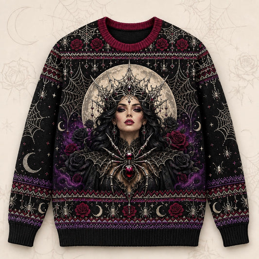Spider Queen Sweater Web Mandala Crown Gothic Knit Jumper front view