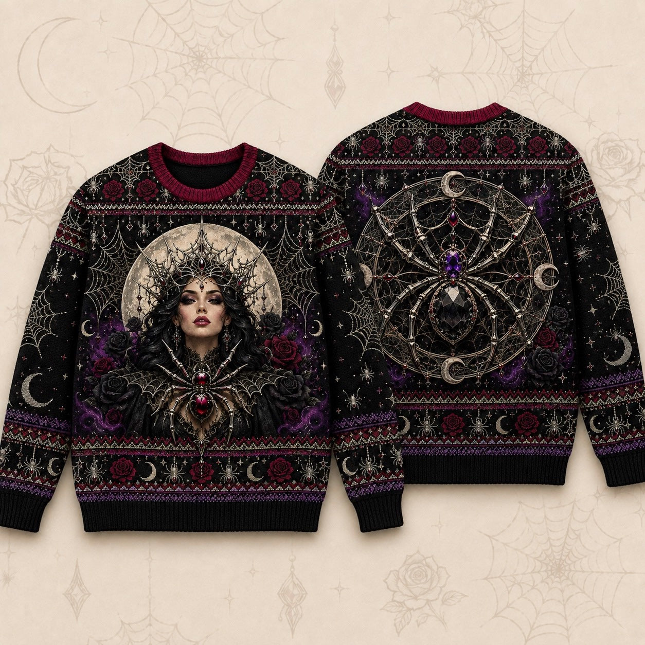 Spider Queen Sweater Web Mandala Crown Gothic Knit Jumper front and back together