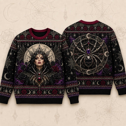 Spider Queen Sweater Web Mandala Crown Gothic Knit Jumper front and back together