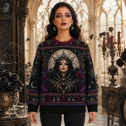 Spider Queen Sweater Web Mandala Crown Gothic Knit Jumper worn, front view