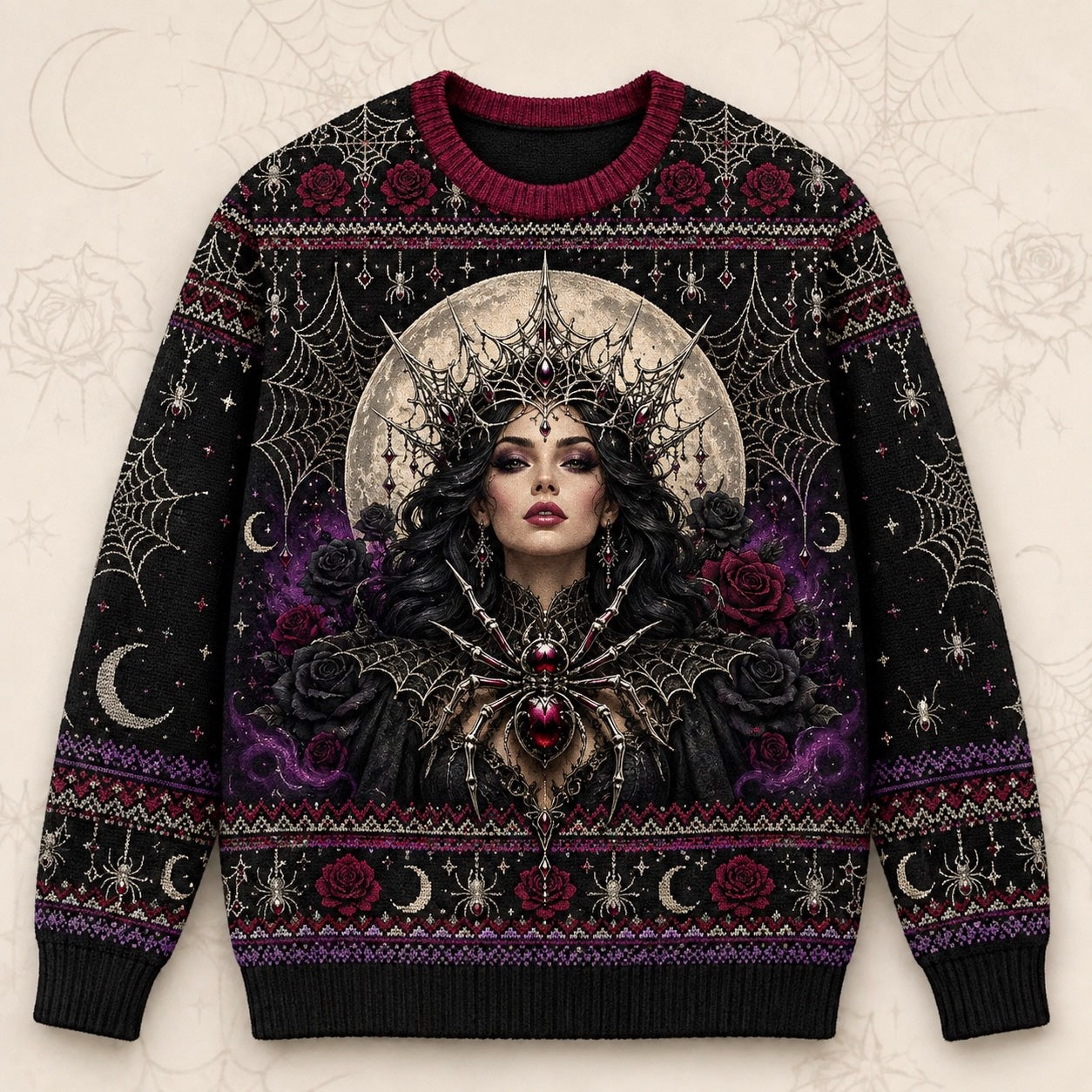 Spider Queen Sweater Web Mandala Crown Gothic Knit Jumper front view