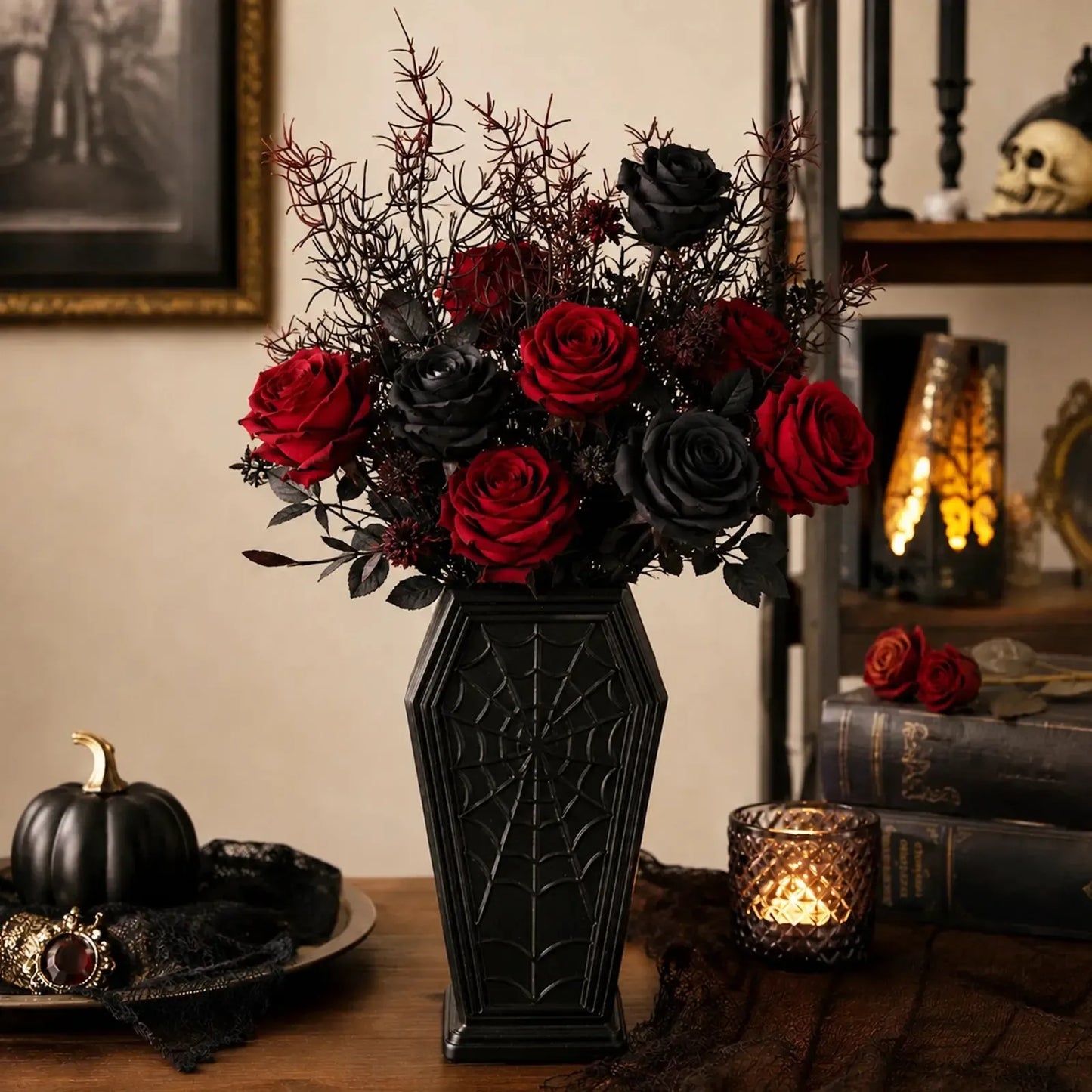 Spider web coffin vase – gothic black flower vessel, front view