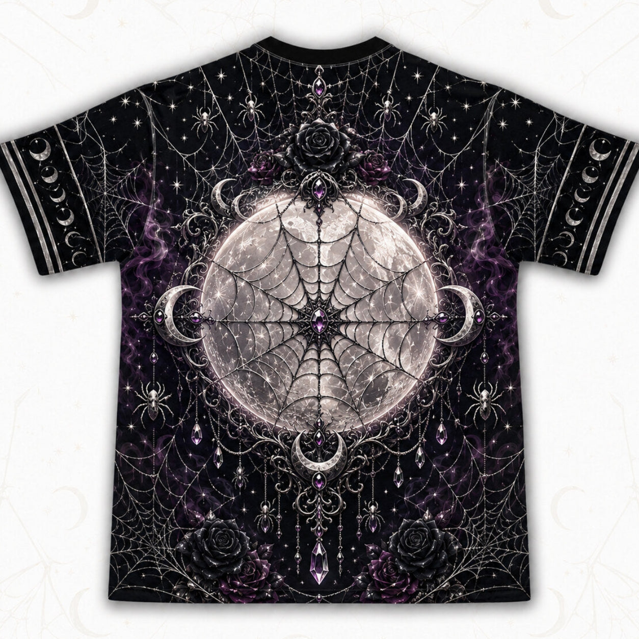 Spider Web Full Moon Witch T-Shirt Purple Candle Gothic Tee back view