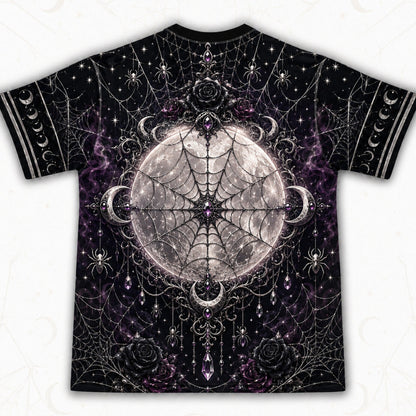 Spider Web Full Moon Witch T-Shirt Purple Candle Gothic Tee back view