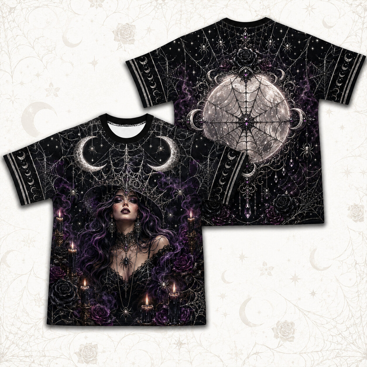 Spider Web Full Moon Witch T-Shirt Purple Candle Gothic Tee front and back together