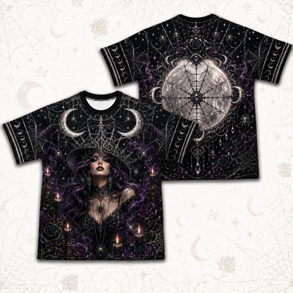 Spider Web Full Moon Witch T-Shirt Purple Candle Gothic Tee front and back together